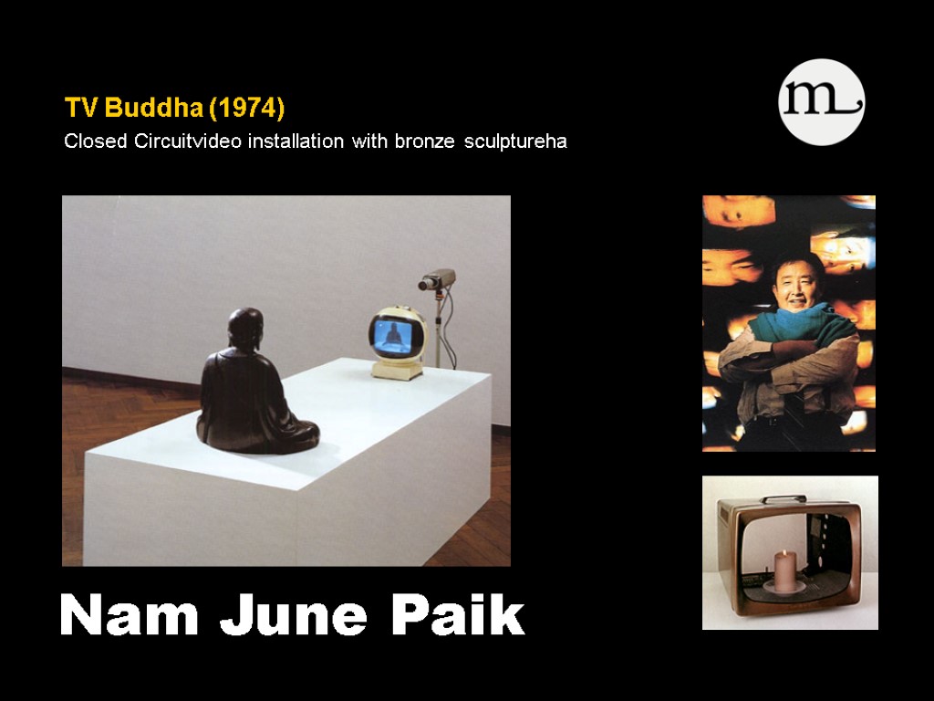 TV Buddha (1974) Closed Circuitvideo installation with bronze sculptureha Nam June Paik